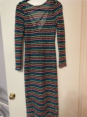 Artsy Black Sheer Long Sleeve Maxi Dress with Pink, Blue, Green & Coral Waves